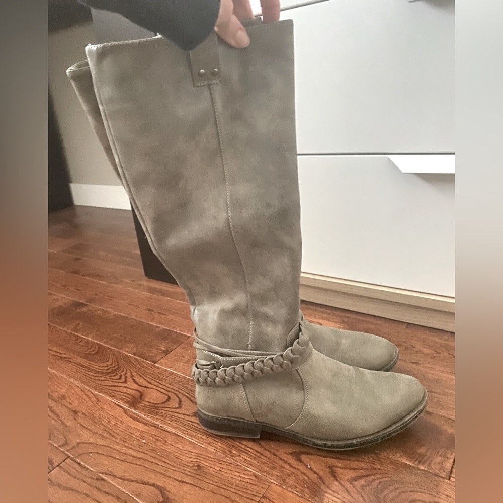 Grey knee high boots